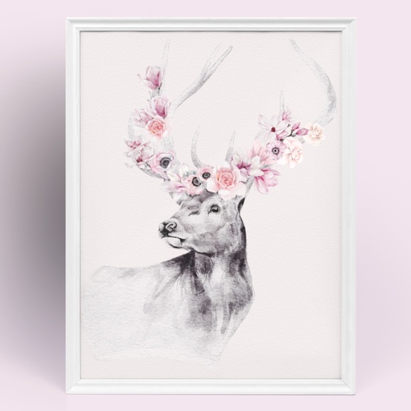 Other - Watercolor Wall Art Floral Deer Portrait Print  Unframed